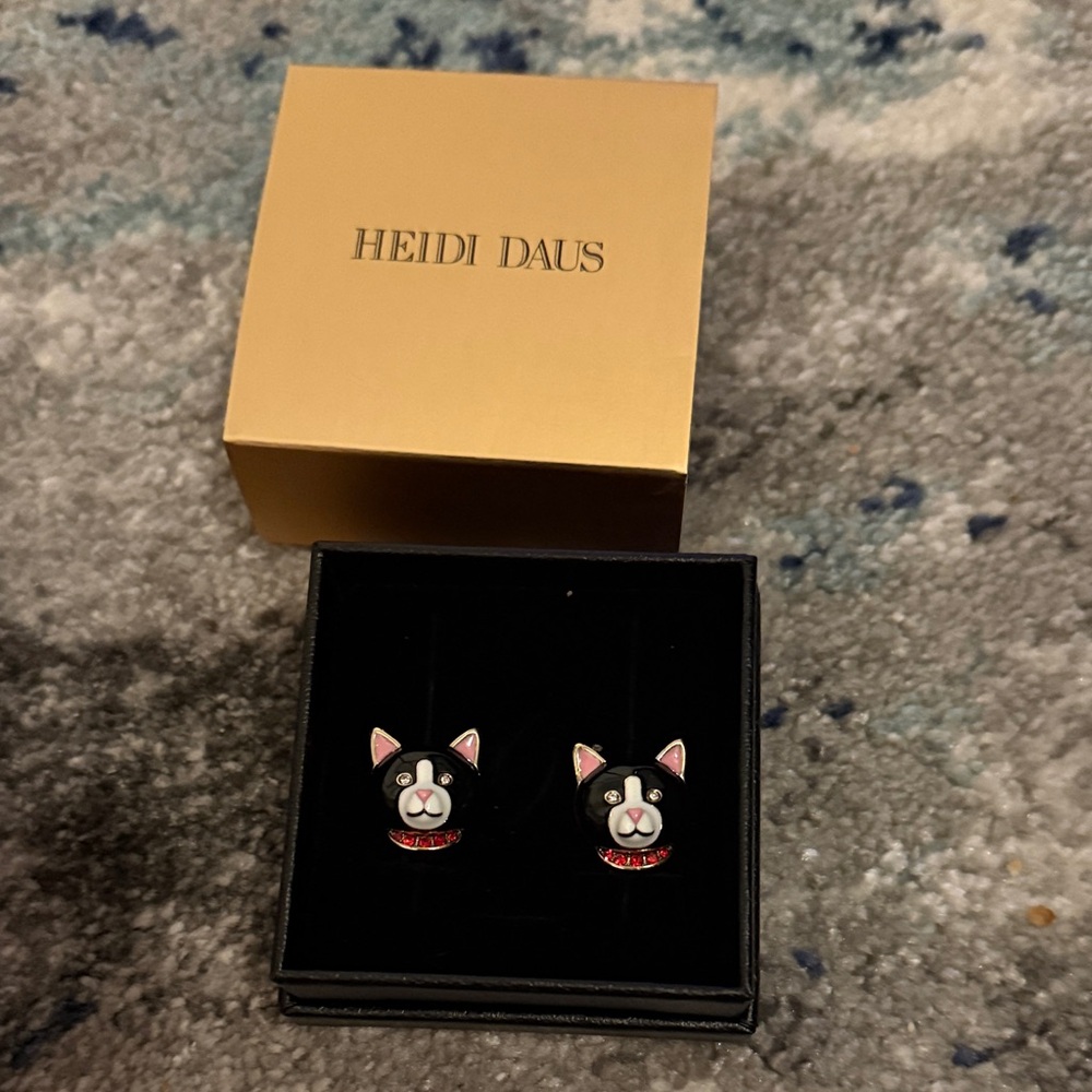 Heidi Daus Black Cat Face Stud Earrings with Pink & Red Accents omega
